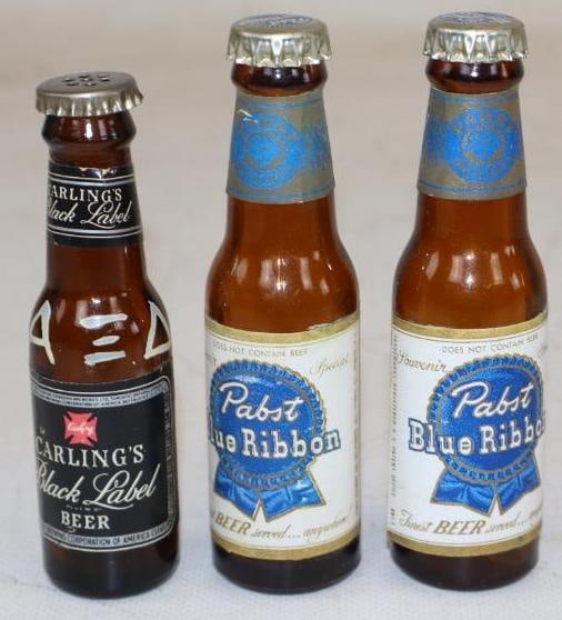 Group of 3 Pabst Blue Ribbon, and Carling's Black Label Mini Beer Bottles: Black Label is a salt and pepper shaker. Tallest is 4"