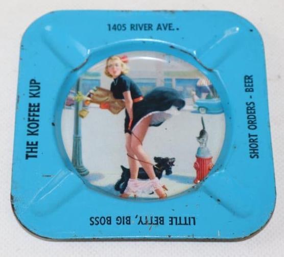 The Koffee Kup Short Orders-Beer with Woman Walking Dog Advertising Ash Tray: 4" x 4"