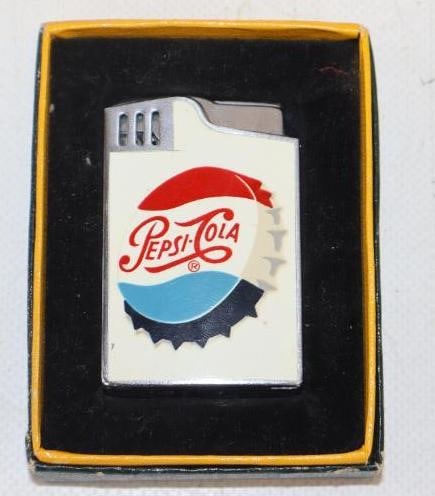 Drink Pepsi-Cola Refillable Advertising Lighter in Original Box: Lighter is marked Nesor Hi-Fi. Appears to never have been used. Box is 3.5" x 2.5" x .75"