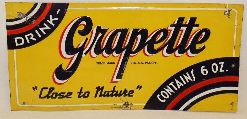1939 Drink Grapette "Close To Nature" Single Sided Embossed Tin Tacker Soda Advertising Sign (1 of 7)