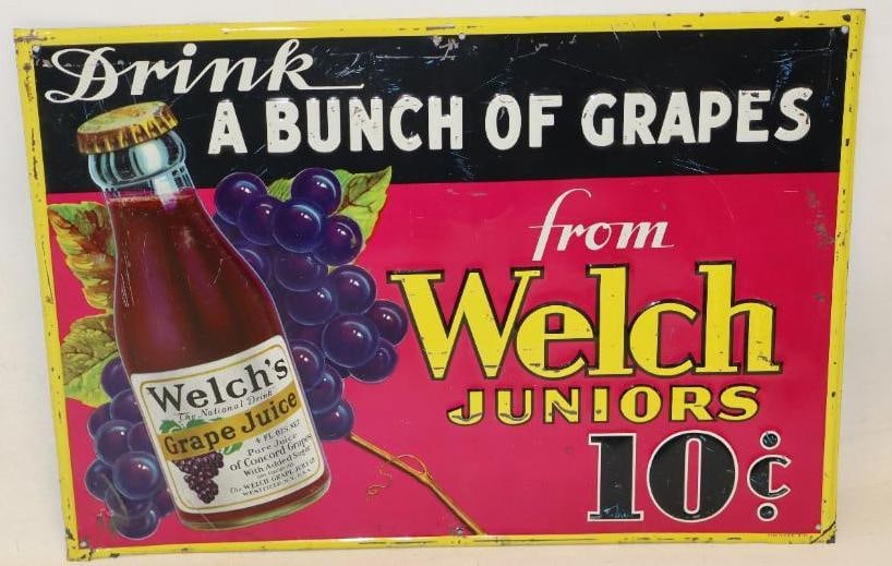 1931 Drink A Bunch Of Grapes From Welch Juniors 10 Cents Embossed Tin Tacker Advertising Soda Sign (1 of 6)