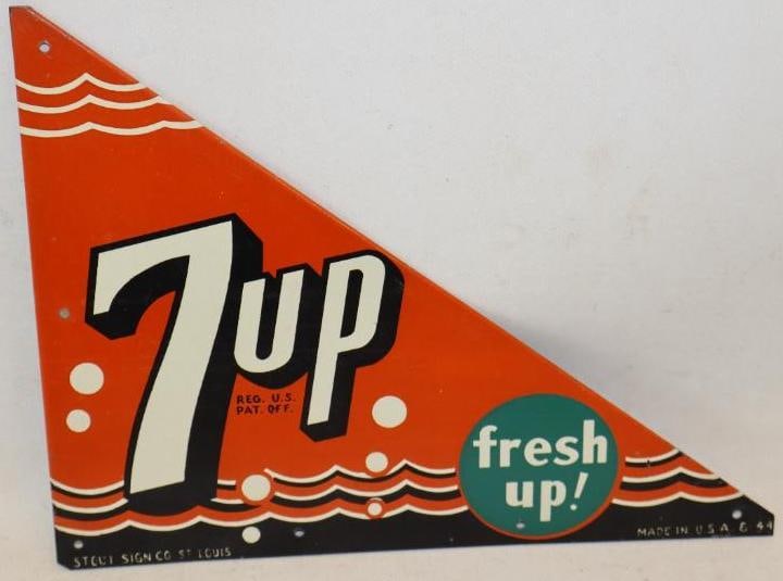 7 UP Fresh Up! Self Framed Metal Door Push Advertising Sign: Has great color along with some minor scratches and paper marks, is Marked Stout Sign Co Saint Louis 8-44 7.50" x 10"