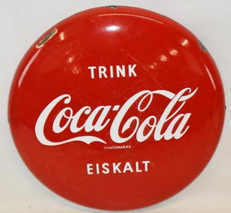 Drink Delicious Coca-Cola Single Sided Porcelain German Advertising Button Sign: This sign is in very nice condition with some surface scratches and chipping around edges 16" diameter