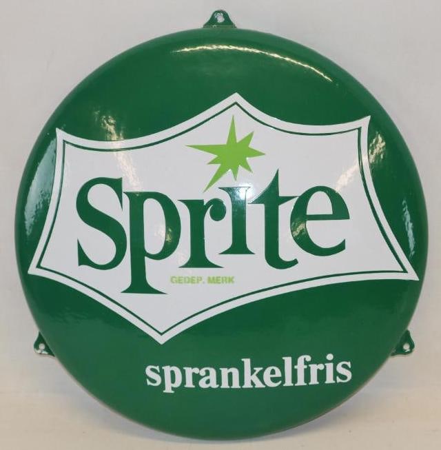 Sprite Sparkling refresh Single Sided Porcelain German Advertising Button Sign: This sign is in excellent condition with minor chipping around edges and mounting holes and has very good gloss 15.75" diameter