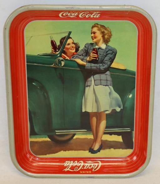 Drink Coca-Cola Metal Advertising Serving Tray With 2 Women And Car Scene (1 of 6)