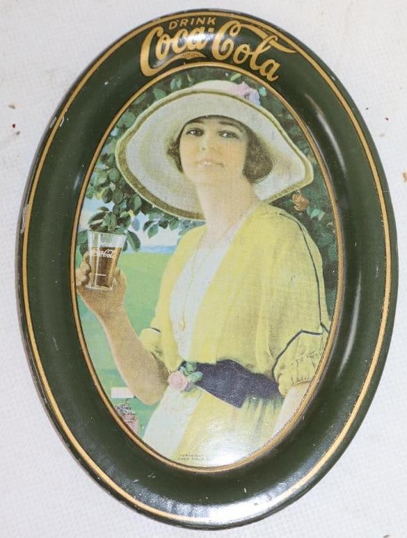 1920 Drink Coca Cola Woman in Yellow Dress Advertising Oval Tip Tray (1 of 2)