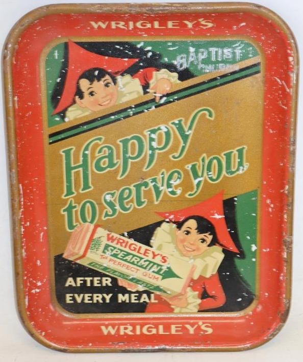 Wrigley's Happy to Serve You After Every Meal Spearmint Gum Advertising Tray: Shows paint chipping and wear throughout. 13.25" x 10.5" x 1"