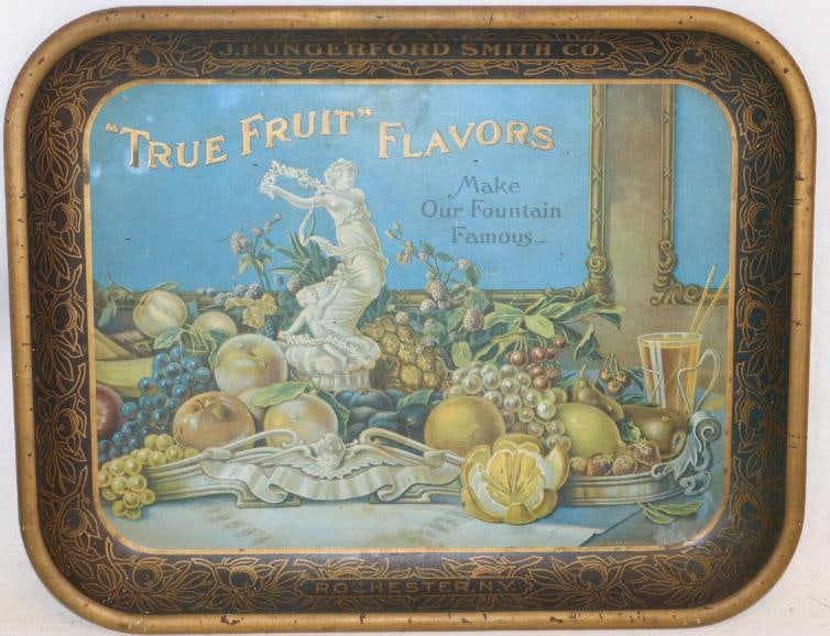 "True Fruit" Soda Flavors Make Our Fountain Famous J. Hungerford Smith Co Rochester NY Advertising: Amazing detail with some light wear and scratches throughout. 10.5" x 13.5" x 1"