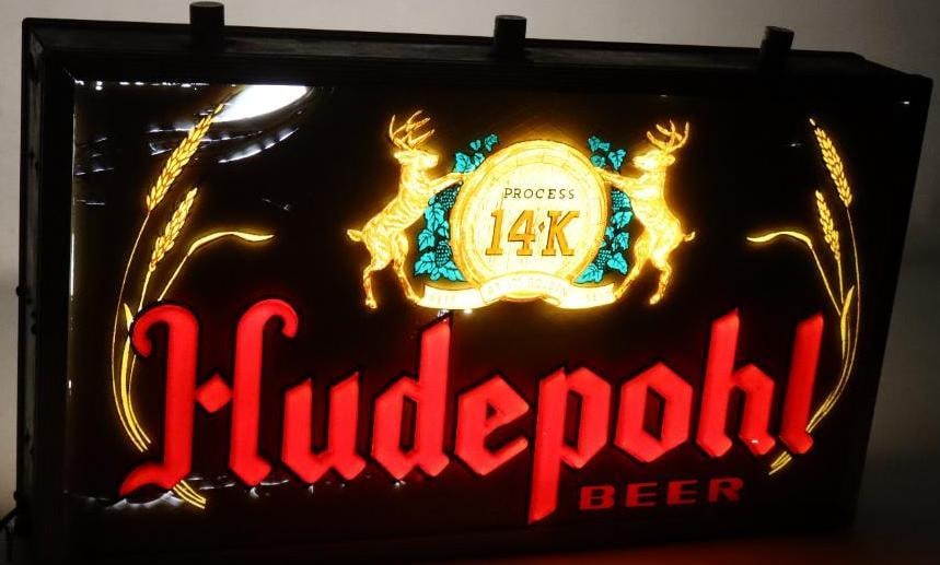 Hudepohl Beer Embossed Double Sided Light Up Advertising Sign (1 of 3)