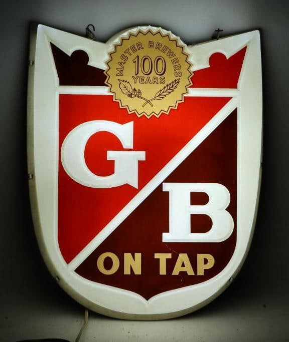 Griesedick Brothers G/B On Tap Light Up Advertising Beer Sign: Works as it should. One small crack at the top left back corner. Is marked Neon Products Inc. 17" x 14" x 3.25"