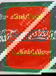 Ice Cold Coca-Cola Sold Here Single Sided Embossed Tin Advertising Sign: Is marked Made in USA 1.15.1937. W.F.R. very nice sign with some scratches and light dents throughout 27.50" x 19.50"