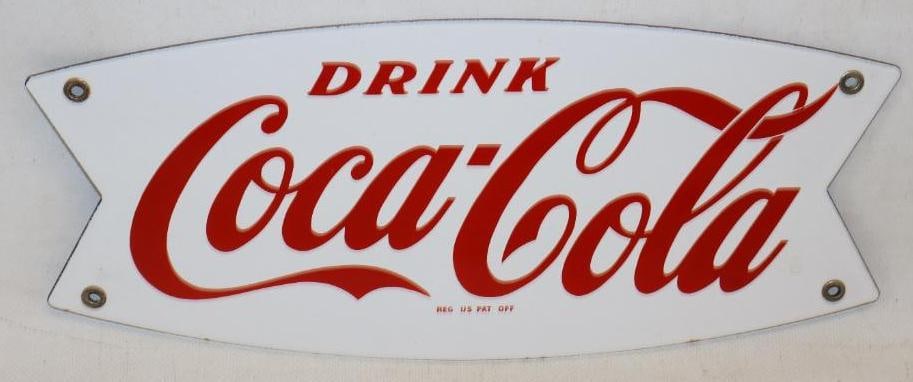 Drink Coca-Cola Single Sided Porcelain Fish Tail Adverting Sign (White): This is an excellent condition sign with a couple flea bites chips along the edges and great gloss has all 4 original grommets 12" x 5"