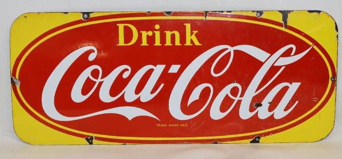 Drink Coca-Cola Single Sided Porcelain Advertising Sign: Has some light surface scratches and chipping around edges, in very nice condition 29.25" x 12.25"