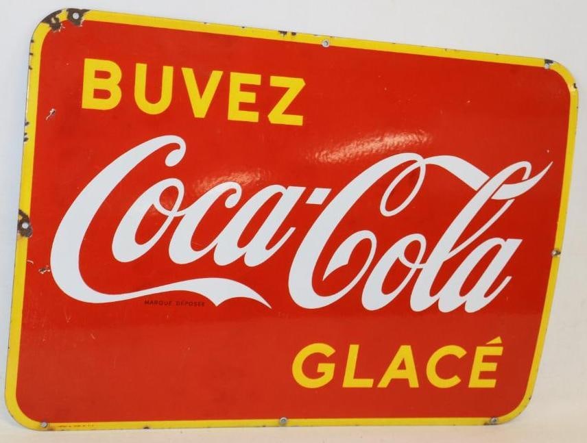 Drink Ice Cold Coca-Cola Single Sided Porcelain French Canadian Advertising Sign: This sign is in great condition with light chipping around edges and mounting holes, light scratches, and very nice gloss 28" x 20"