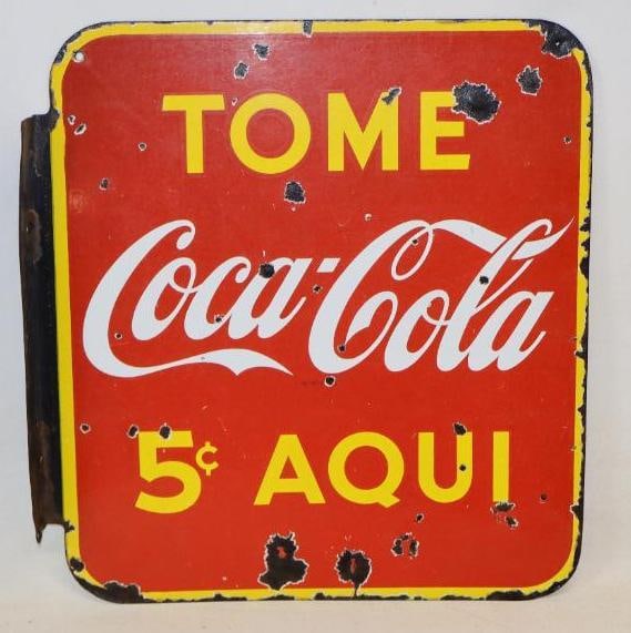 Take Coca-Cola 5 Cent Here Double Sided Porcelain Flanged Spanish Advertising Sign (1 of 12)