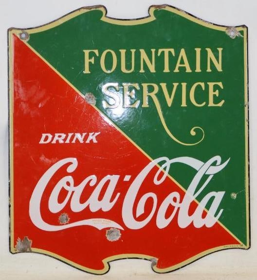 Drink Coca Cola Fountain Service Double Sided Porcelain Hanging Advertising Sign (1 of 6)