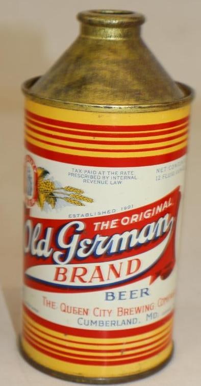 Old German Brand Cone Top Beer Can: missing lid, 12 oz