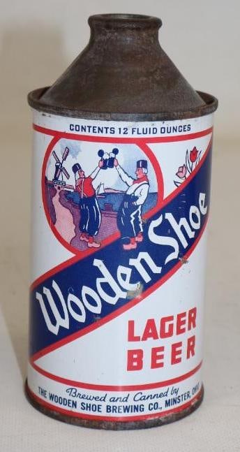 Wooden Shoe Lager Cone Top Beer Can: missing lid, 12 oz