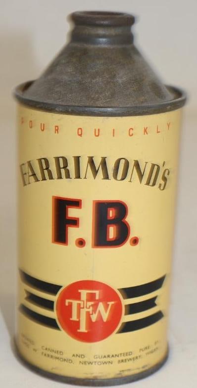 Farrimond's F.B. Cone Top Beer Can: missing lid, 12 oz