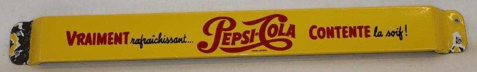 Be Truly Refreshed?Pepsi-Cola The Long Cool Drink! Porcelain Advertising Door Push: Great color and gloss with heavy chipping near mounting holes, believed to be French/ Canadian 32"x3.25"x1"