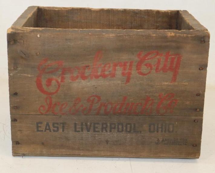 Crockery City Ice & Products Co. East Liverpool Ohio Wooden Carrying Case: Empty marked Anchor Box and Lumber Co., measures 14.5"x10"x10"