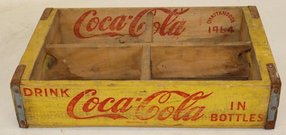 Drink Coca Cola in Bottles Four Six Pack Yellow Wooden Carrying Crate: Is marked Chattanooga 1964. 18.5" x 11.75" x 4.5"
