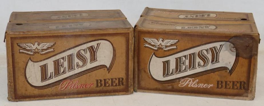 Group of 2 Leisy Pilsner Beer 24 Bottle Plastic Coated Cardboard Carrying Cases: Both have wear and light staining. 11" x 17" x 11" each