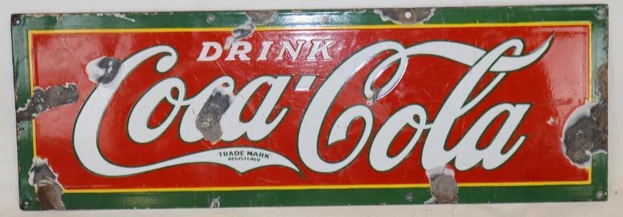 Drink Coca Cola Single Sided Porcelain Advertising Sign: Has scratches and chipping throughout. It is marked "Made in USA Copyright 1929." 30" x 10"