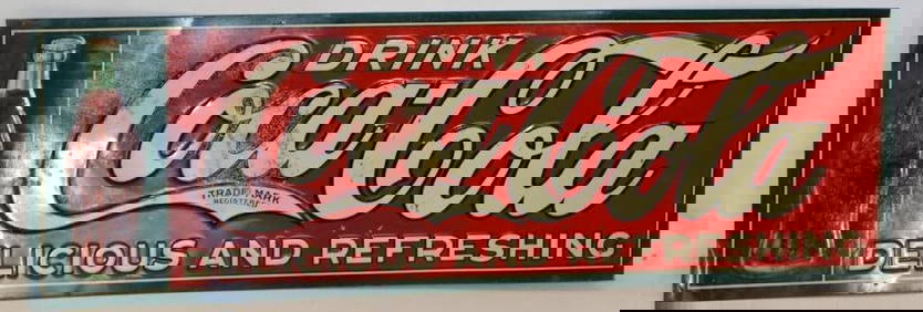 1916 Drink Coca Cola Bottle "Delicious and Refreshing" Embossed Metal Advertising Sign (1 of 5)