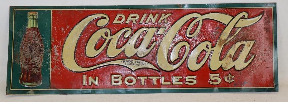 1916 Drink Coca Cola Bottle "In 5 Bottles" Embossed Metal Advertising Sign (1 of 5)