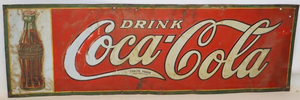 Embossed Drink Coca Cola 1923 Patent Bottle Single Sided Metal Advertising Sign: Sign has surface staining and scratches throughout. Has extra mounting holes and some creasing. 34.5" x 11.5"