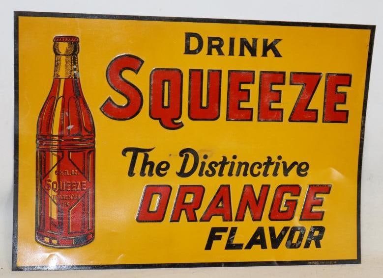 1910's Drink Orange Squeeze Embossed Metal Advertising Sign (1 of 6)