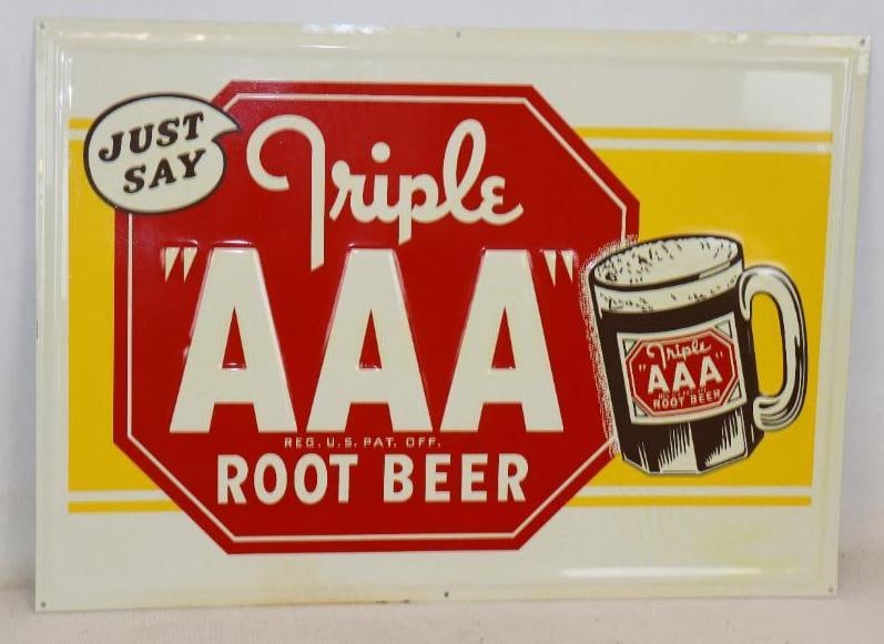 1950's NOS AAA Root Beer Embossed Self Framed Metal Advertising Sign with Original Shipping Paper (1 of 6)