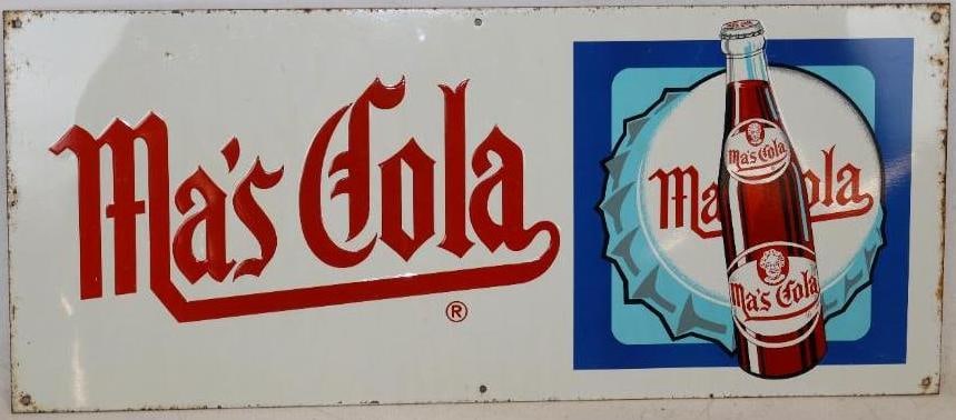 Ma's Cola Embossed Single Sided Metal Advertising Sign: Some light scratching and surface staining around edges. 28" x 12"