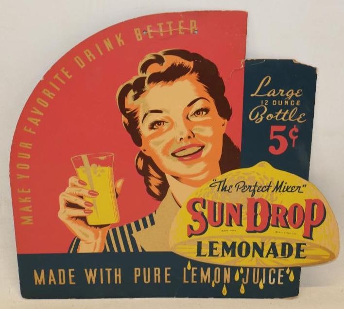 "The Perfect Mixer" Sun Drop, Lemonade Large 12oz 5cent Bottle Single Sided Cardboard Advertising: Shows great color, has edge wear light creasing and 1 small tear 16.25" x 15"