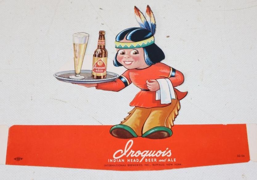 NOS Iroquois Indian Head Beer And Ale Cardboard Indian Bottle Rack Topper Sign (1 of 6)