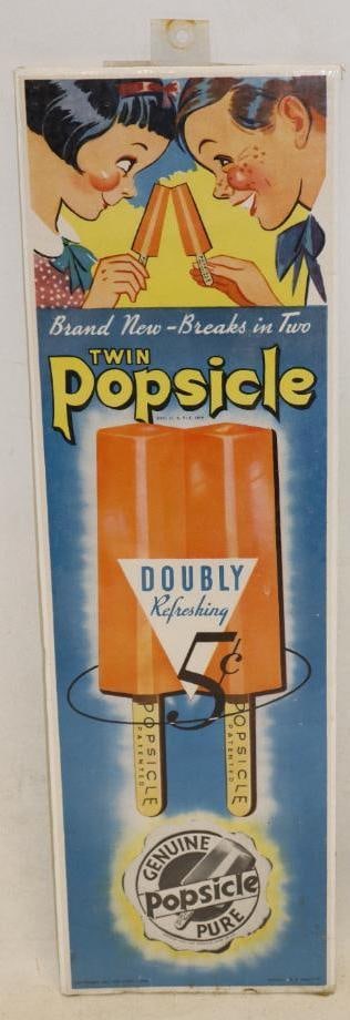1934 Twin Popsicle 5 Cent Paper Advertising Sign: Appears to be in good condition with minor edge wear and staining, is Marked copyright 1934 Joe Lowe Corp is shrink wrapped for protection 6.50" x 22"