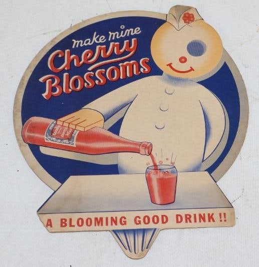Cherry Blossoms Soda Jerk Advertising Tapered Top String Hanger: Has been repaired on hat of soda jerk. 7.5" x 6.5"