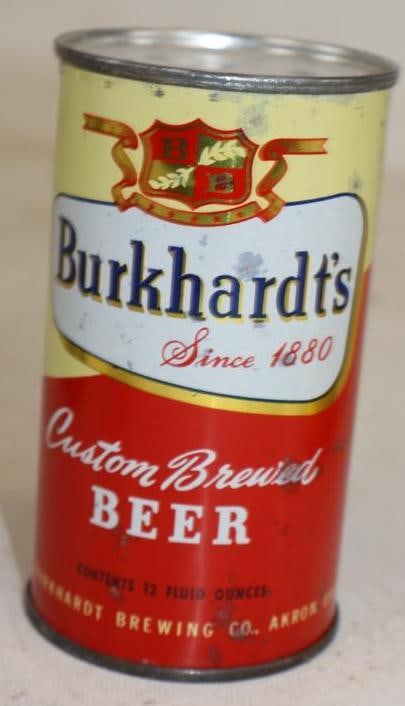 Burkhardt's Custom Brewed Flat Top Beer Can: empty, 12 oz