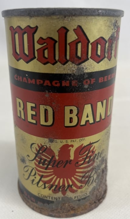 Waldorf Red Ban Super Fine Pilsener Flat Top Beer Can (1 of 3)