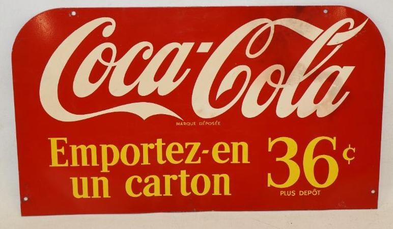 Coca-Cola Take Home A Carton 36 Cents Plus Deposit Double Sided Metal Spanish Advertising Rack: This sign has good gloss with some scratching and denting 15.75" x 9"