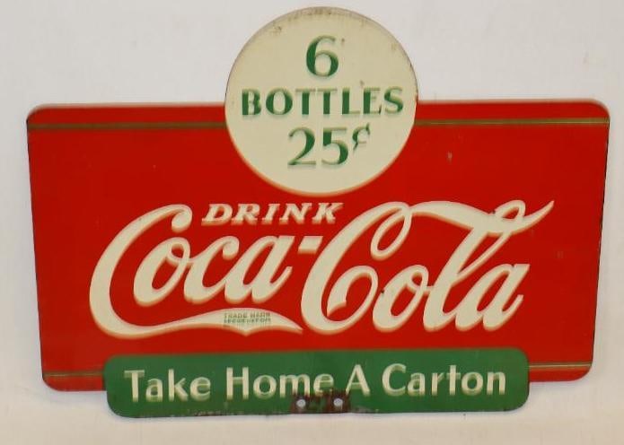 Drink Coca-Cola Six Bottles 25 Cent "Take Home A Carton" Double Sided Metal Rack Topper Advertising (1 of 10)