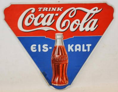 Drink Ice Cold Coca-Cola Single Sided Cardboard German Advertising Sign: Sign has good color with some staining along the bottom and light edge wear 14.75" x 13"