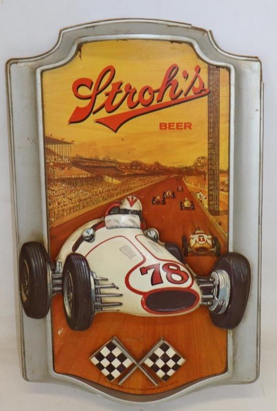 Stroh's Beer Embossed Early Racecar Advertising Sign (1 of 2)