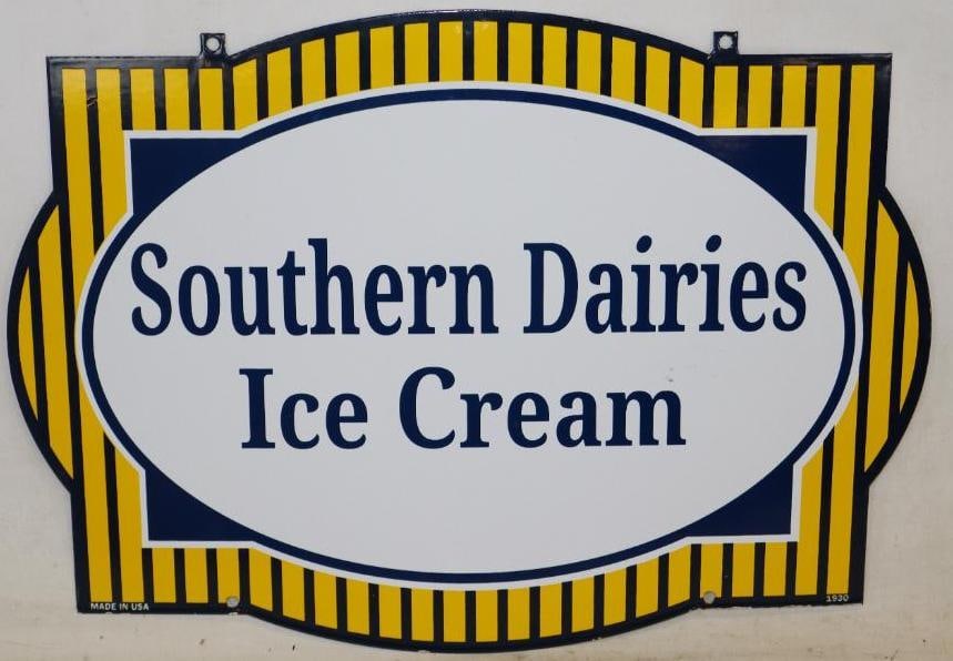 Southern Dairies Ice Cream Single Sided Porcelain Reproduction Advertising Sign: Is marked Made in USA 1930. Excellent condition with light chipping. 21" x 15"