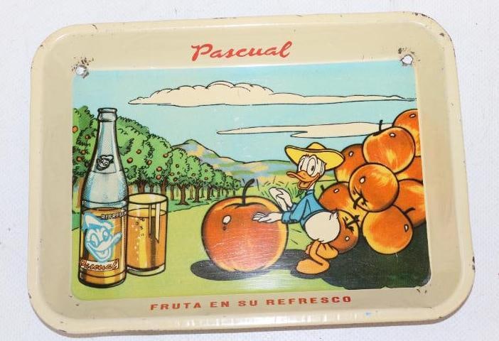 Donald Duck in Orchard "Fruit In Your Soft Drink" Soda Metal Advertising Tray: Has to added mounting holes. In great condition with some light scratching. Believed to be from Mexico. 5" x 7"