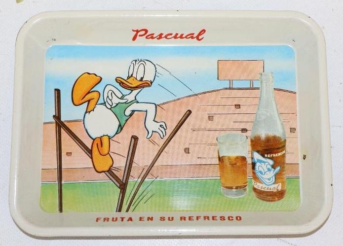 Donald Duck Pole Vaulting "Fruit In Your Soft Drink" Soda Metal Advertising Tray (1 of 2)