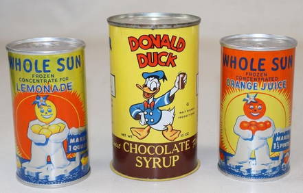 Group of 3 Whole Sun Orange Juice and Donald Duck Chocolate Syrup Advertising Cans (1 of 2)