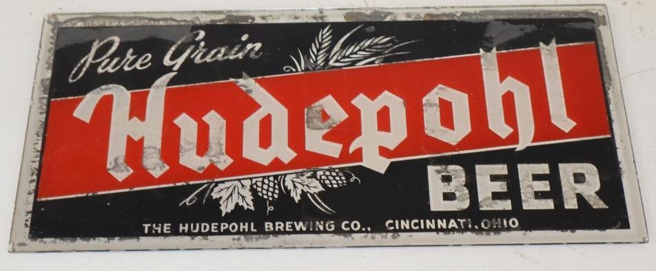 Hudepohl Pure Grain Beer Reverse Painter Glass Easelback Sign: It is marked HAL Mfg Co. 16" x 8"