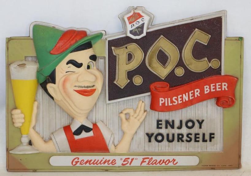 P.O.C. Pilsener Beer Embossed Plastic Advertising Sign (1 of 2)